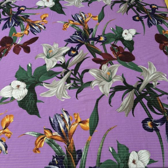 Tecido Viscose Estampada Floral Elegance Lilás Lurex • Conexão Tecidos