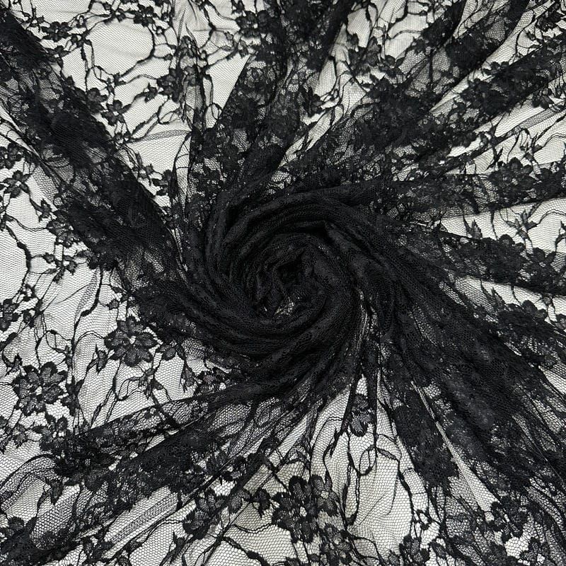 Tecido Renda Chantilly Arabesco Floral Preto • Conexão Tecidos