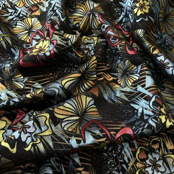 Tecido Jacquard Estampado Floral Artístico Colorido Coenizado •