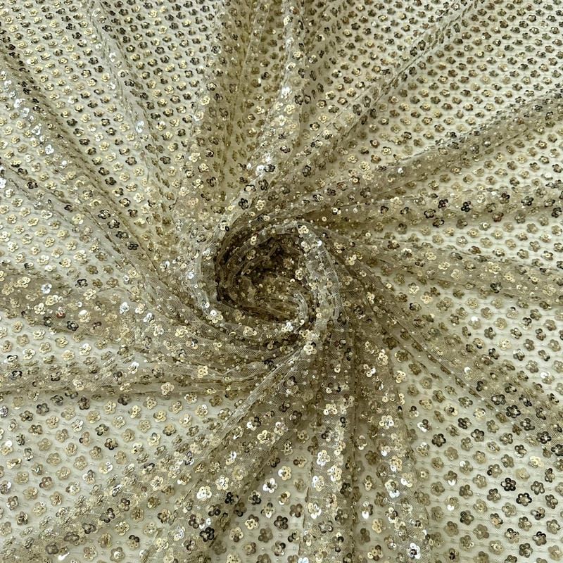 Tecido Paetê Floral Delicado Bege Dourado • Conexão Tecidos