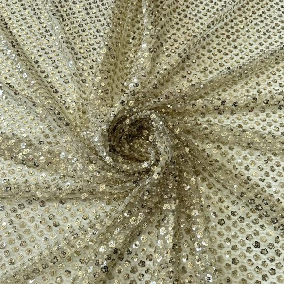 Tecido Paetê Floral Delicado Bege Dourado • Conexão Tecidos