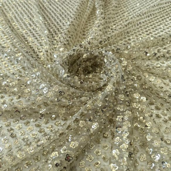 Tecido Paetê Floral Delicado Bege Dourado • Conexão Tecidos