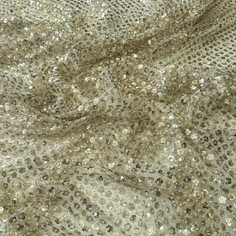 Tecido Paetê Floral Delicado Bege Dourado • Conexão Tecidos
