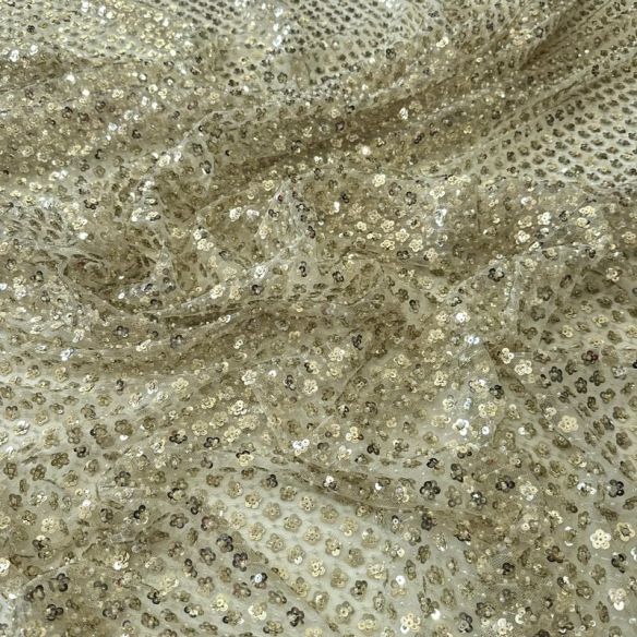 Tecido Paetê Floral Delicado Bege Dourado • Conexão Tecidos