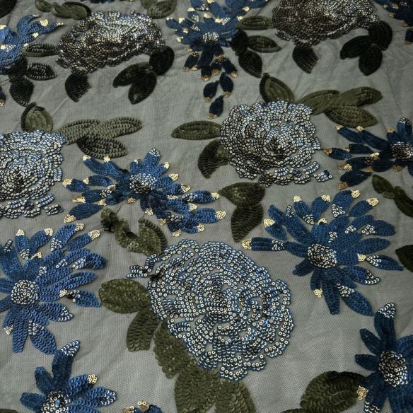 Tecido Paetê Floral Rosas Azul e Verde • Conexão Tecidos