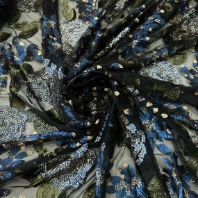 Tecido Paetê Floral Rosas Azul e Verde • Conexão Tecidos