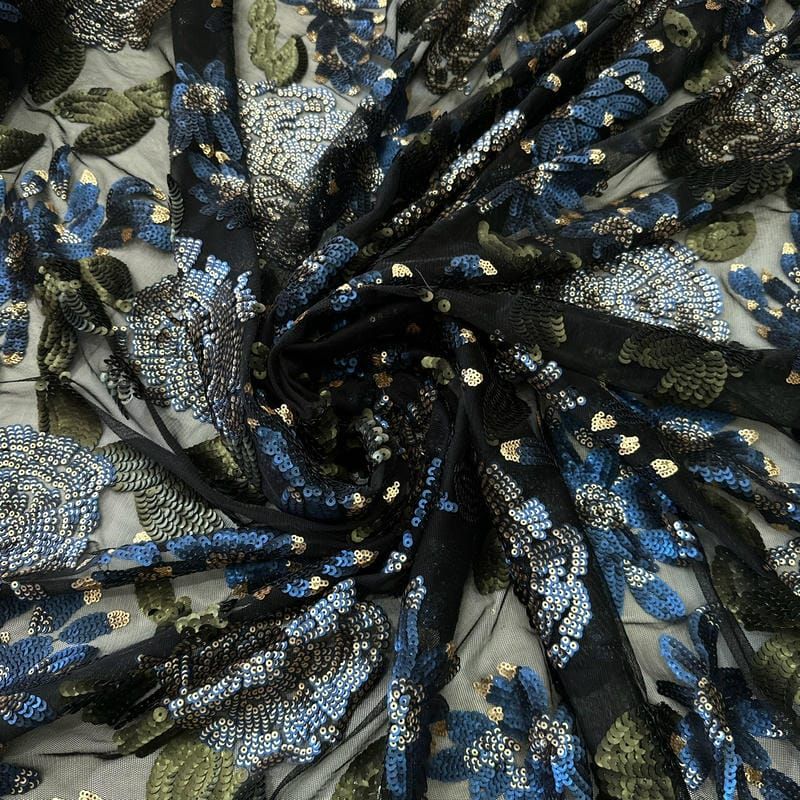 Tecido Paetê Floral Rosas Azul e Verde • Conexão Tecidos