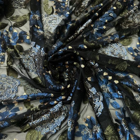 Tecido Paetê Floral Rosas Azul e Verde • Conexão Tecidos