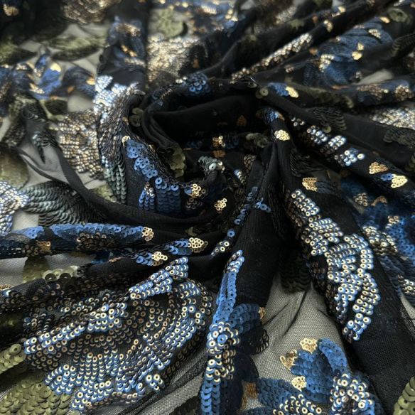 Tecido Paetê Floral Rosas Azul e Verde • Conexão Tecidos