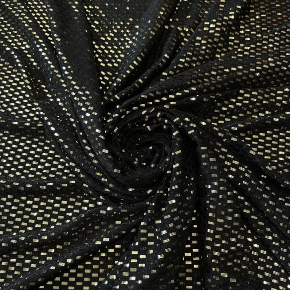 Tecido Malha Pixel Metalizada Preto e Dourado • Conexão Tecidos
