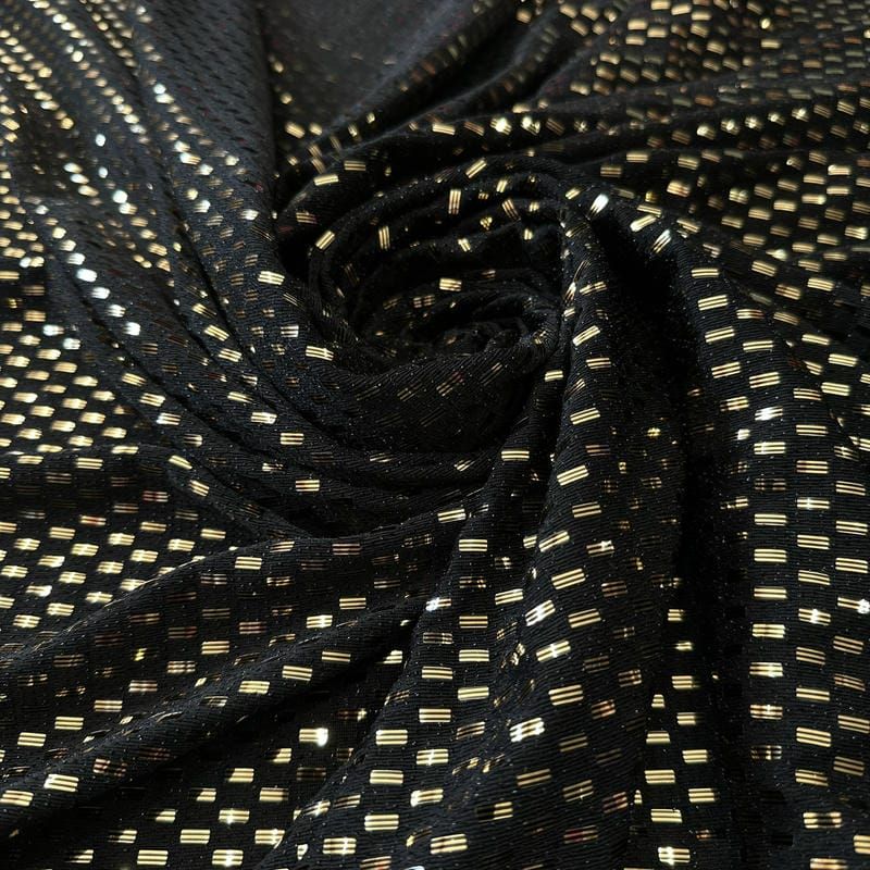 Tecido Malha Pixel Metalizada Preto e Dourado • Conexão Tecidos