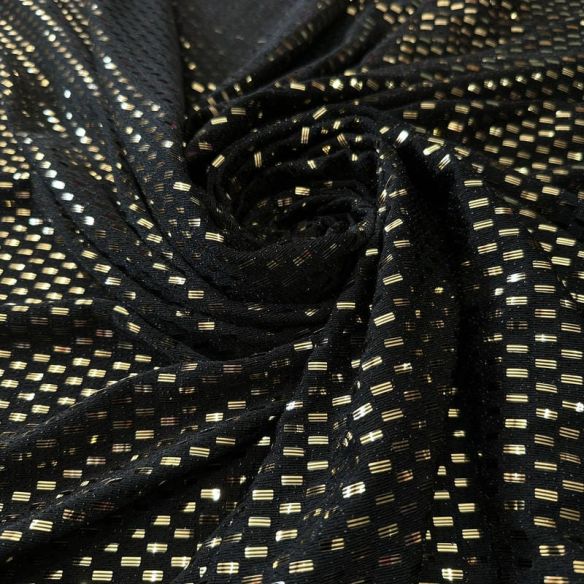 Tecido Malha Pixel Metalizada Preto e Dourado • Conexão Tecidos