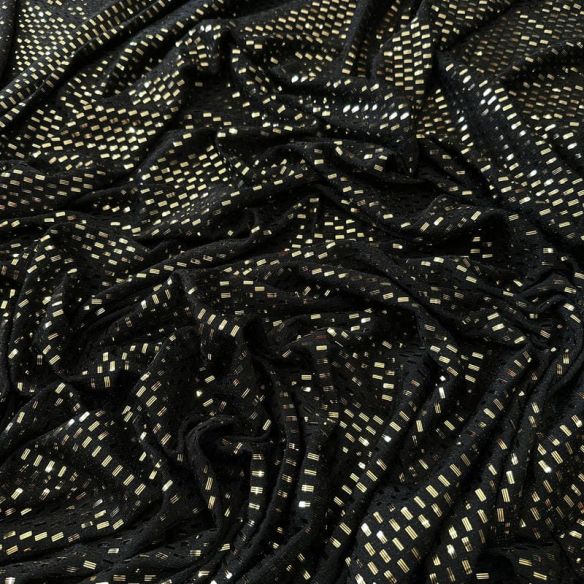 Tecido Malha Pixel Metalizada Preto e Dourado • Conexão Tecidos