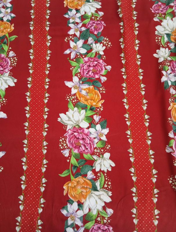 Tecido Viscolinho Estampado Floral Listrado Vermelho • Conexão Tecidos