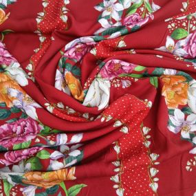 Tecido Viscolinho Estampado Floral Listrado Vermelho • Conexão Tecidos