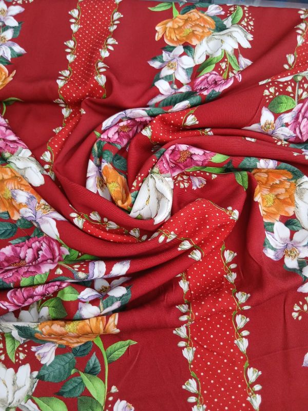 Tecido Viscolinho Estampado Floral Listrado Vermelho • Conexão Tecidos