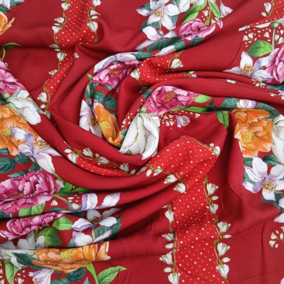 Tecido Viscolinho Estampado Floral Listrado Vermelho • Conexão Tecidos
