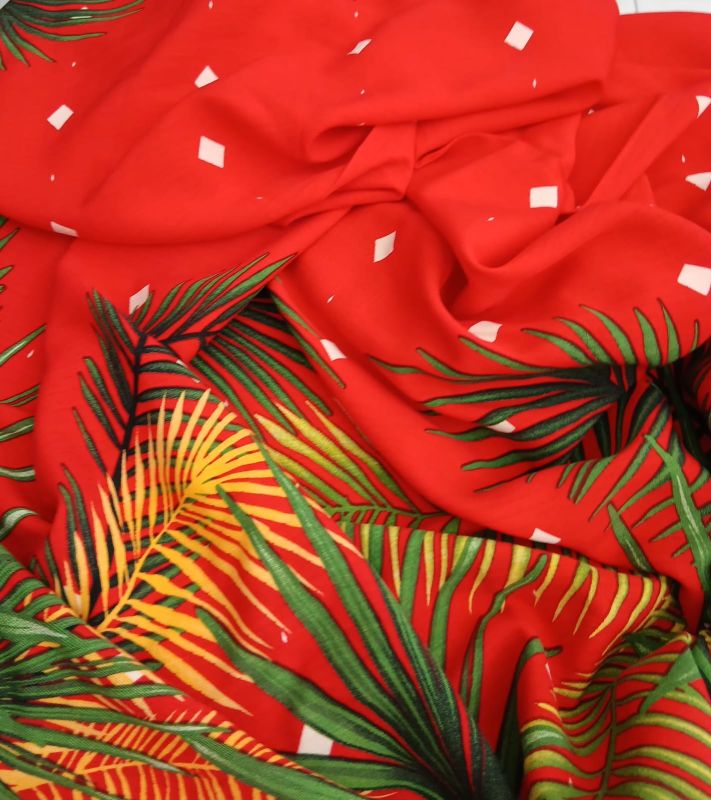 Tecido Viscolinho Estampado Barrado Tropical Vermelho • Conexão
