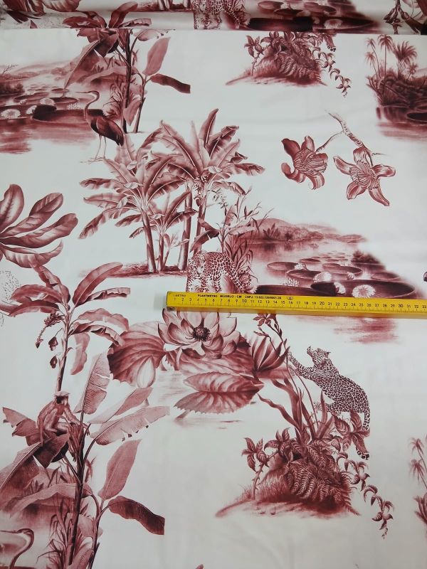Tecido Viscose Estampada Toile de Jouy Tropical Terracota • Conexão