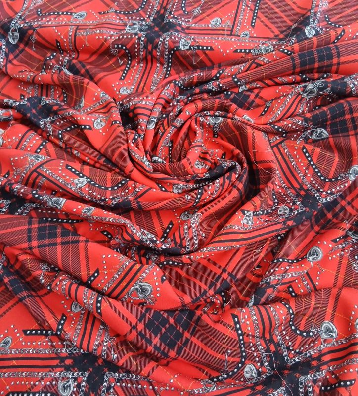 Tecido Viscose Estampada Xadrez Correntes Vermelho • Conexão Tecidos