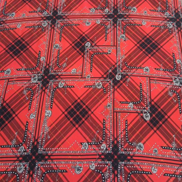 Tecido Viscose Estampada Xadrez Correntes Vermelho • Conexão Tecidos