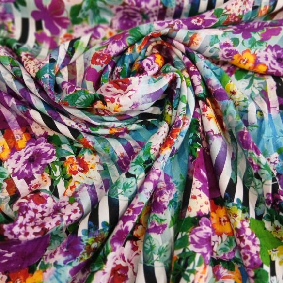 Tecido Viscose Estampada Floral Listrada Multicolorida • Conexão