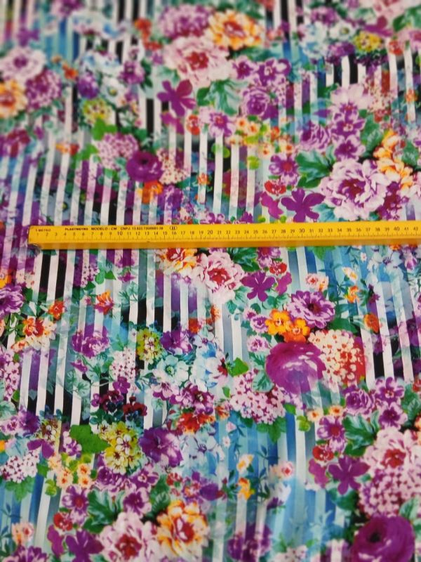 Tecido Viscose Estampada Floral Listrada Multicolorida • Conexão
