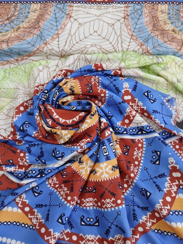 Tecido Viscose Estampada Mandala Étnica Azul e Terracota • Conexão