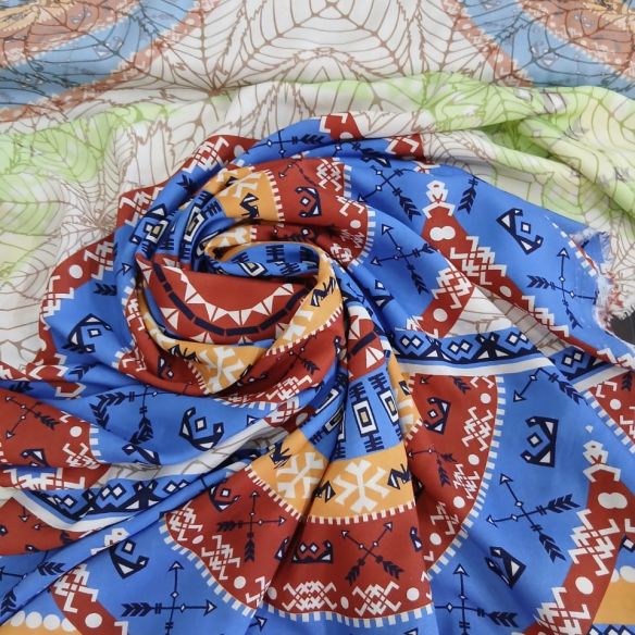 Tecido Viscose Estampada Mandala Étnica Azul e Terracota • Conexão