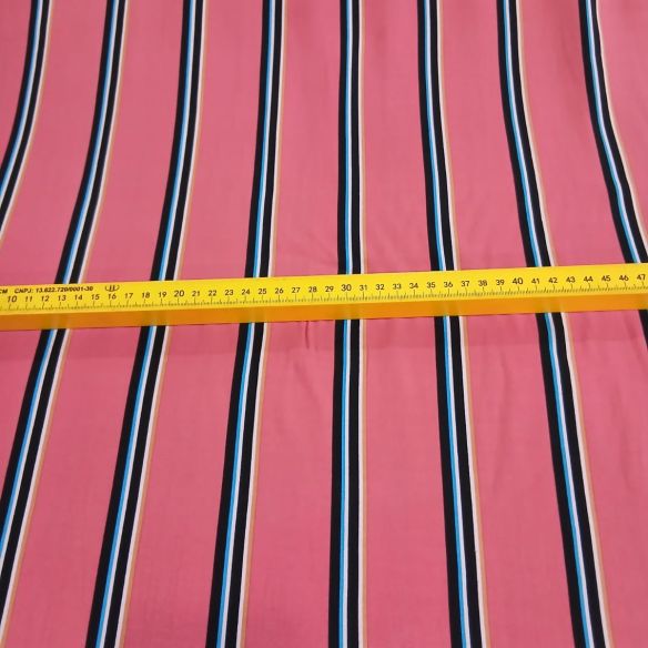 Tecido Viscose Estampada Listrada Rosa com Azul • Conexão Tecidos