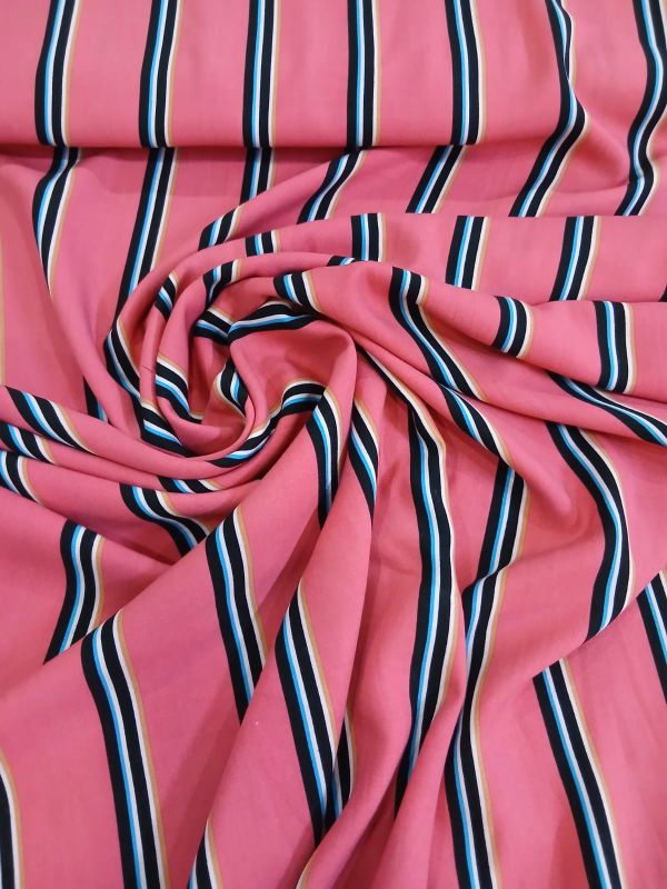 Tecido Viscose Estampada Listrada Rosa com Azul • Conexão Tecidos