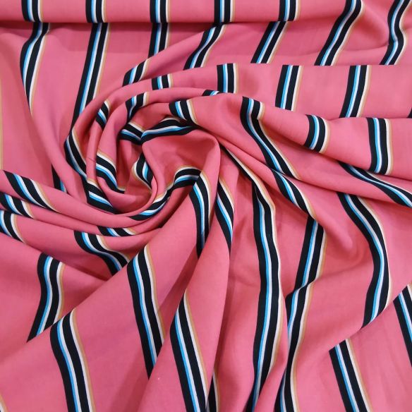 Tecido Viscose Estampada Listrada Rosa com Azul • Conexão Tecidos
