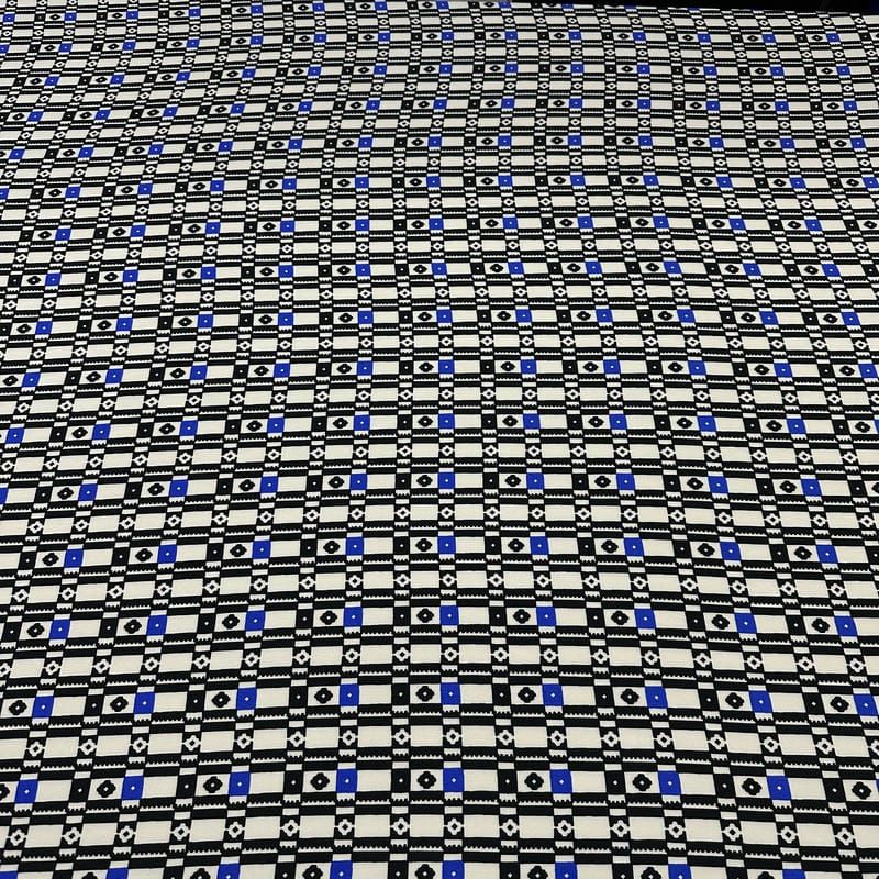 Tecido Viscose Estampada Geométrica Mosaico Preto e Azul • Conexão