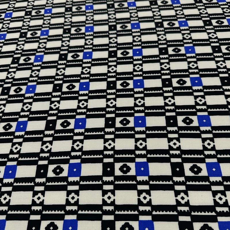 Tecido Viscose Estampada Geométrica Mosaico Preto e Azul • Conexão