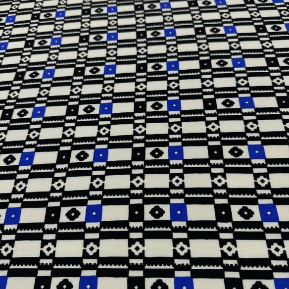 Tecido Viscose Estampada Geométrica Mosaico Preto e Azul • Conexão