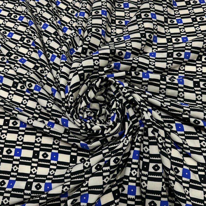 Tecido Viscose Estampada Geométrica Mosaico Preto e Azul • Conexão