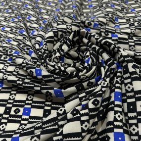 Tecido Viscose Estampada Geométrica Mosaico Preto e Azul • Conexão 2