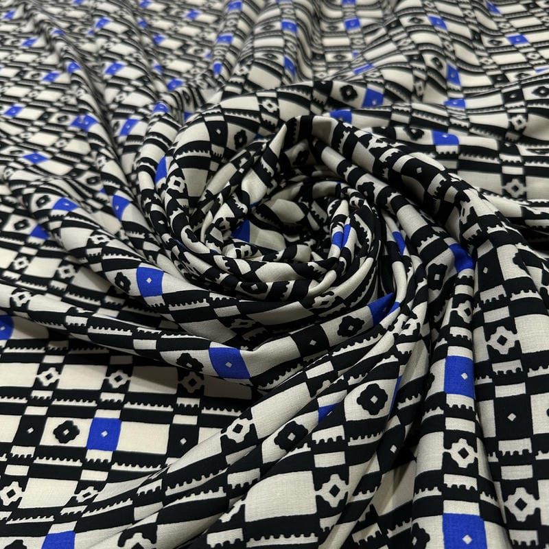 Tecido Viscose Estampada Geométrica Mosaico Preto e Azul • Conexão
