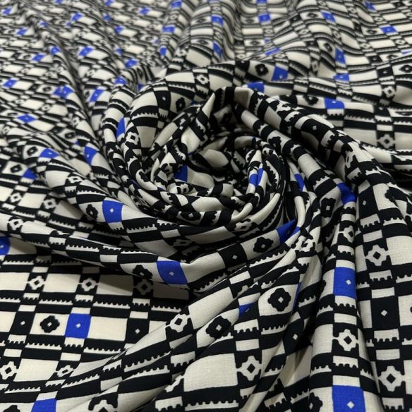 Tecido Viscose Estampada Geométrica Mosaico Preto e Azul • Conexão