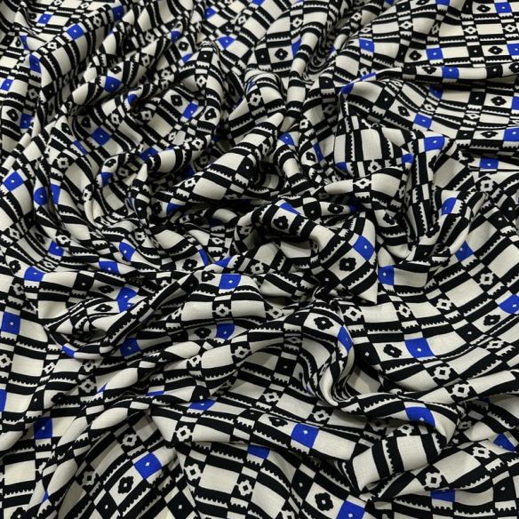 Tecido Viscose Estampada Geométrica Mosaico Preto e Azul • Conexão