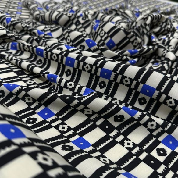 Tecido Viscose Estampada Geométrica Mosaico Preto e Azul • Conexão