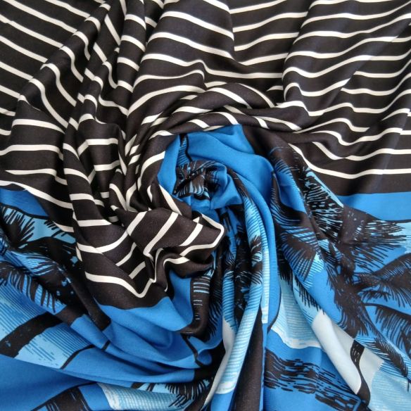 Tecido Viscose Sarjada Estampada Por do Sol Azul • Conexão Tecidos