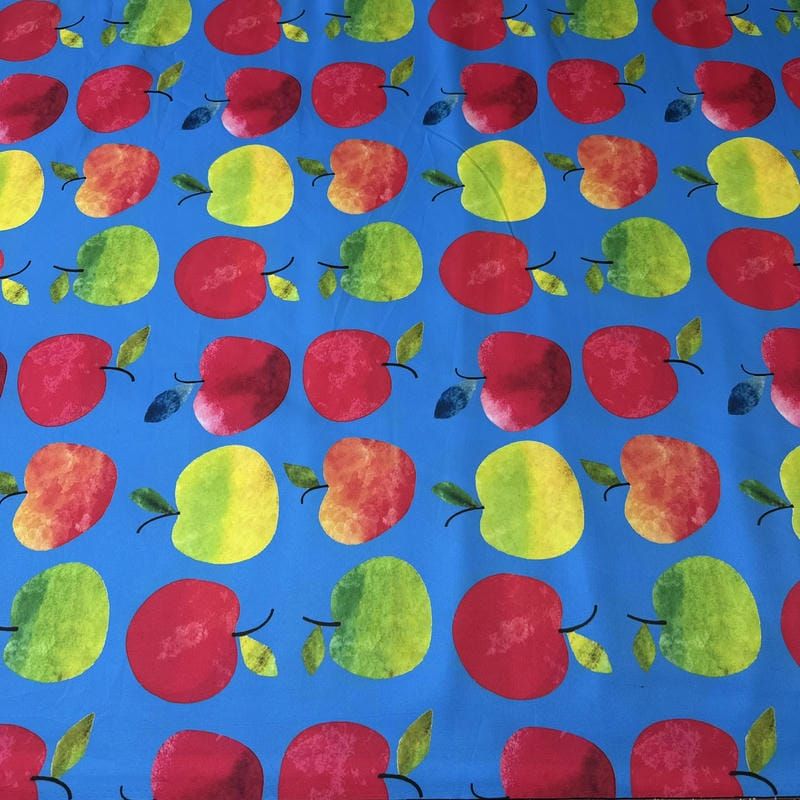Tecido Tafetá Toque de Seda Estampado Maçãs Coloridas Azul • Conexão
