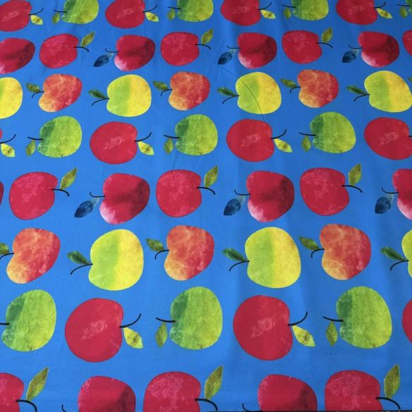 Tecido Tafetá Toque de Seda Estampado Maçãs Coloridas Azul • Conexão