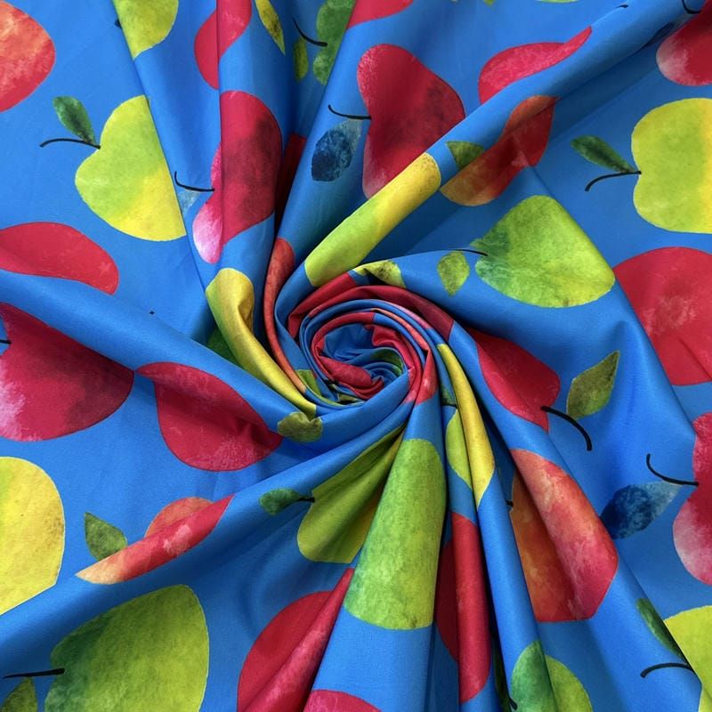 Tecido Tafetá Toque de Seda Estampado Maçãs Coloridas Azul • Conexão