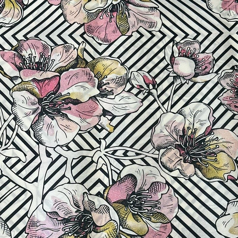 Tecido Tafetá Toque de Seda Floral Geométrico Preto e Rosa • Conexão