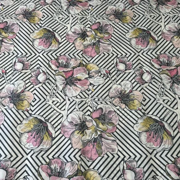 Tecido Tafetá Toque de Seda Floral Geométrico Preto e Rosa • Conexão