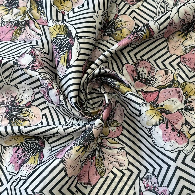 Tecido Tafetá Toque de Seda Floral Geométrico Preto e Rosa • Conexão