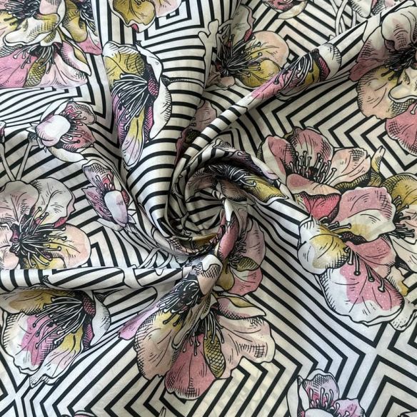 Tecido Tafetá Toque de Seda Floral Geométrico Preto e Rosa • Conexão