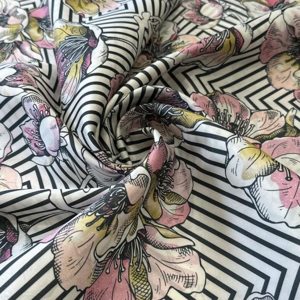 Tecido Tafetá Toque de Seda Floral Geométrico Preto e Rosa • Conexão